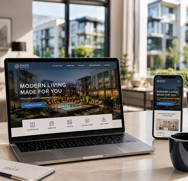 Apartment community website displayed on a laptop and mobile device